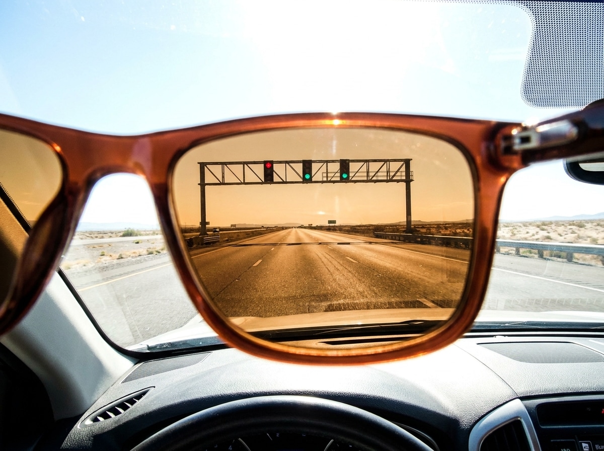 View through polarized driving lenses on the road