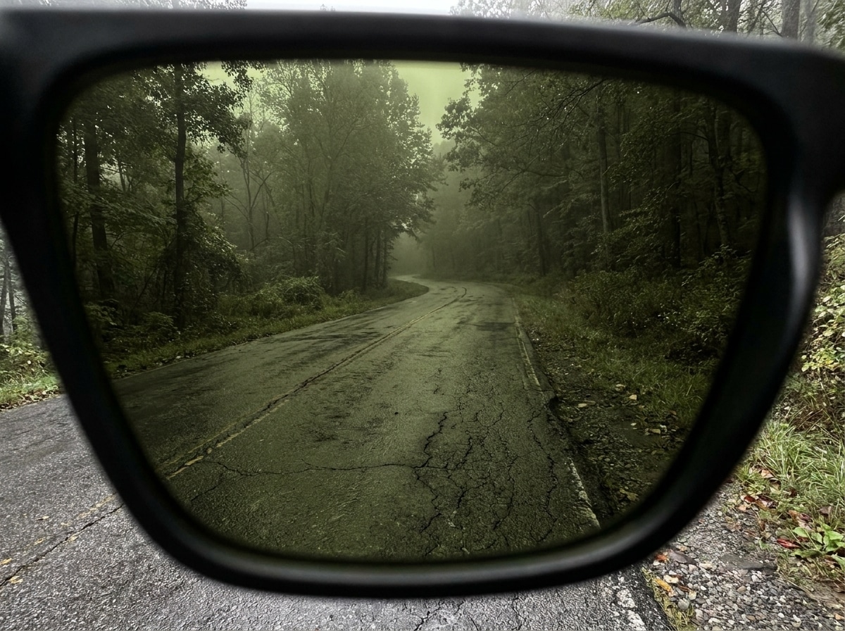 Winding road through forest in low daylight
