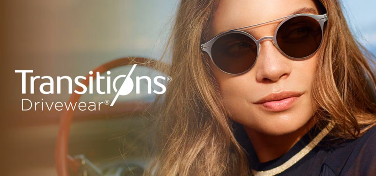 Transitions Drivewear lenses shown in low daylight, behind the windshield, and in bright sun