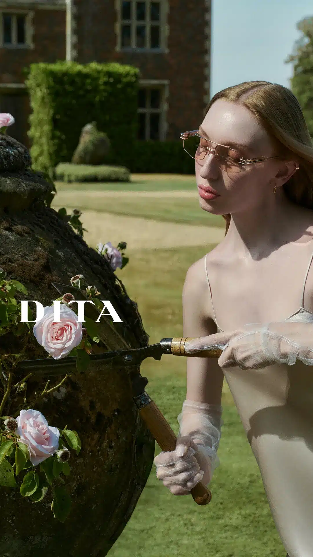 Model wearing DITA rimless sunglasses with rose-tinted lenses while pruning roses in a garden