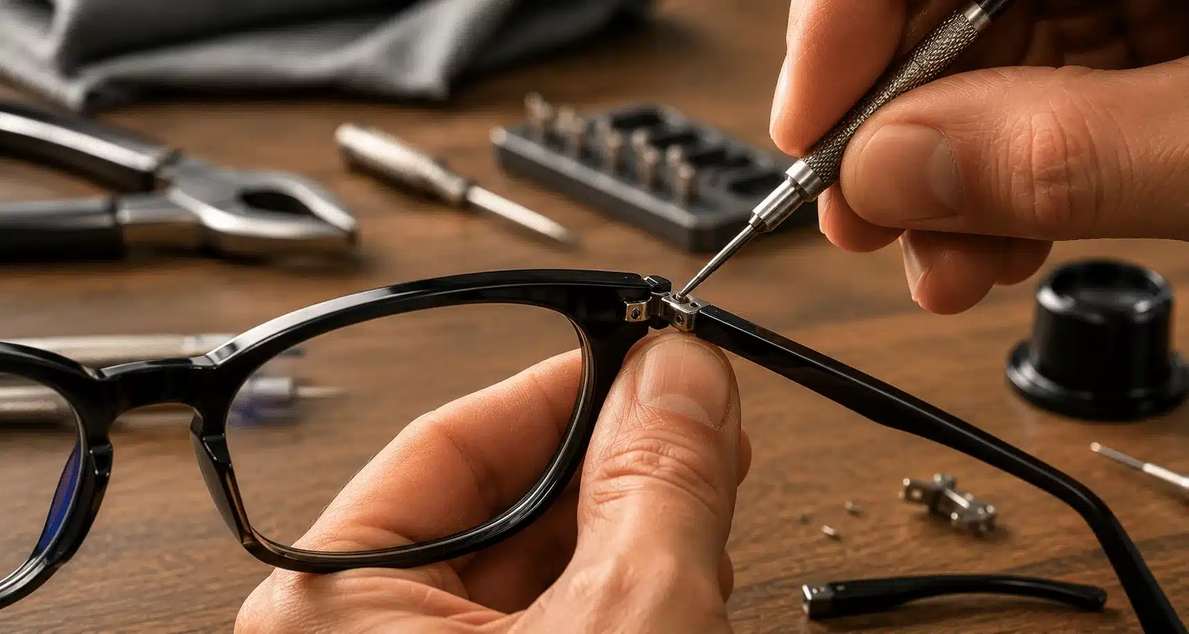 Precision screwdriver working at a black eyeglass frame hinge during repair