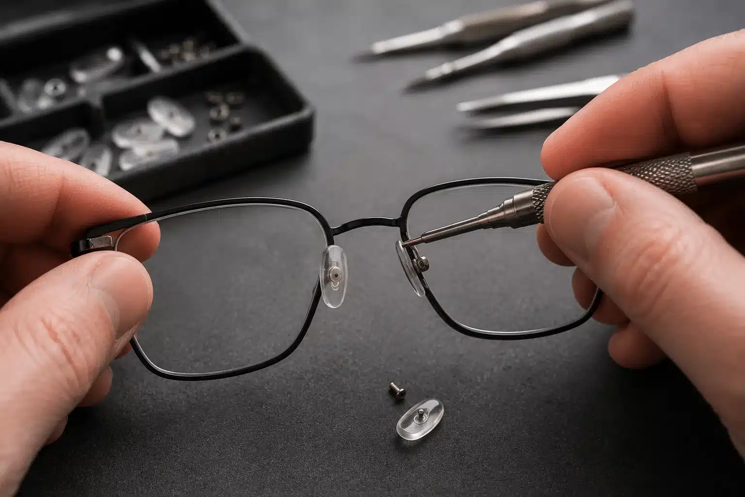 Hands working on an eyeglass nose-pad fitting with small repair tools nearby