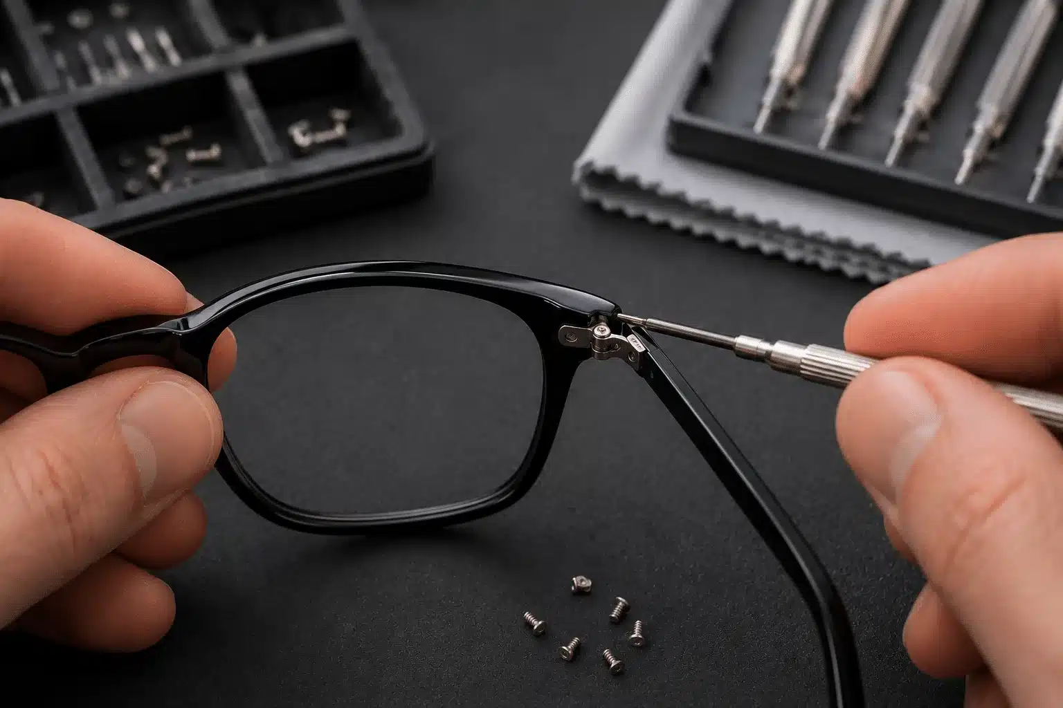 Black eyeglass hinge being worked on above loose screws and repair tools